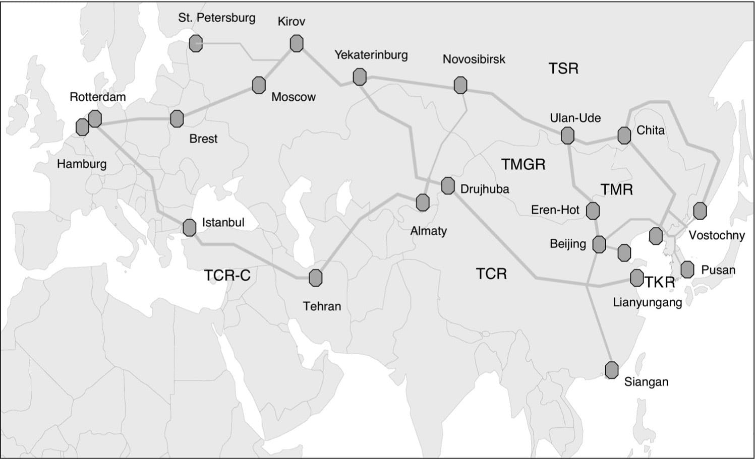This map of the Eurasian Land-Bridge proposal for five rail systems was presented by South Korean economist Dr. Chin Hyung-in, at a Schiller Institute conference in Bad Schwalbach, Germany, March 21-23, 2003. It shows the Trans-Siberian Railroad (TSR), Trans-Mongolian Railroad (TMGR), Trans-China Railroad (TCR), and the Trans-Korean Railroad (TKR). Closing up the remaining gaps in this integrated system will make it possible to travel by rail from Pusan to Rotterdam, and to construct “development corridors” along the way, on both the northern and southern routes.