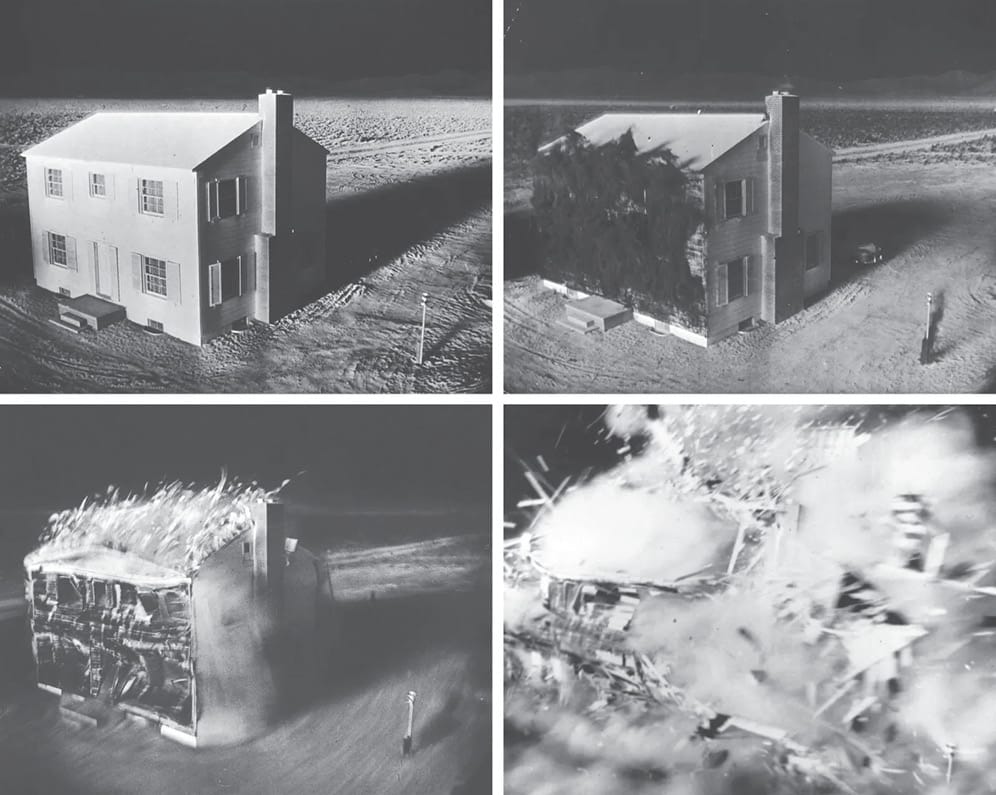 Time-lapse of the effects of the heat blast and shockwave from a small nuclear explosion at one-and-a-quarter-kilometer range.
