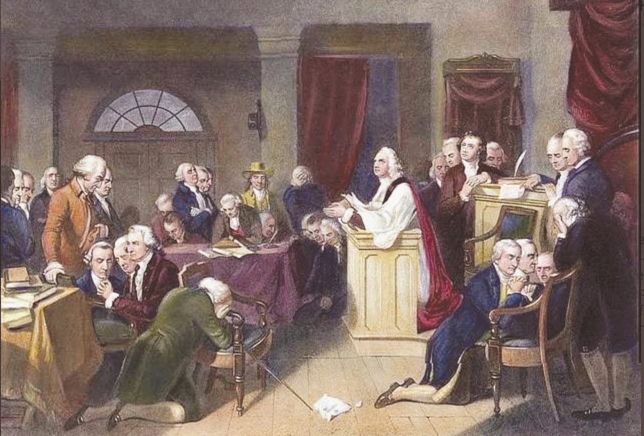The Rev. Jacob Duché offers the first prayer for the Continental Congress, Sept. 7, 1774 in Philadelphia. Painting by Tompkins Harrison Matteson, 1848.