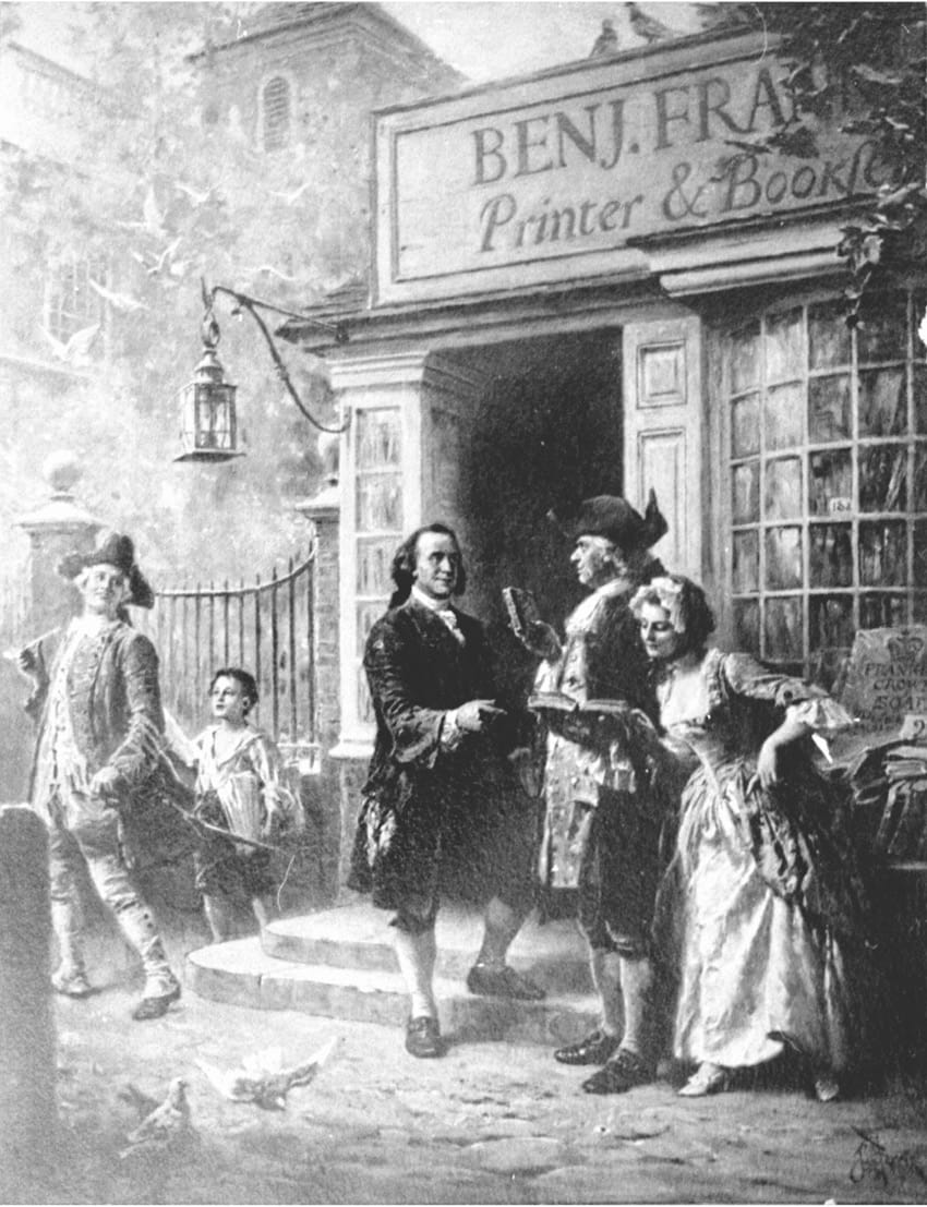 Franklin’s Bookshop in 1745, reproduction of a painting by Jean Léon Gérôme Ferris.