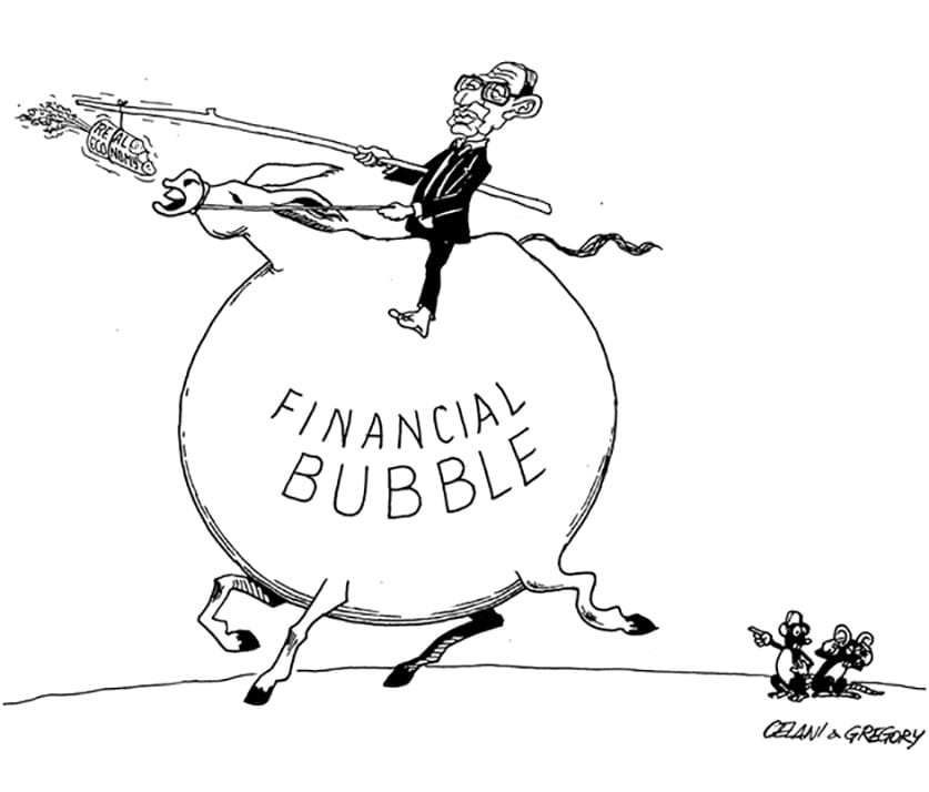 Cartoon of Alan Greenspan and a financial bubble