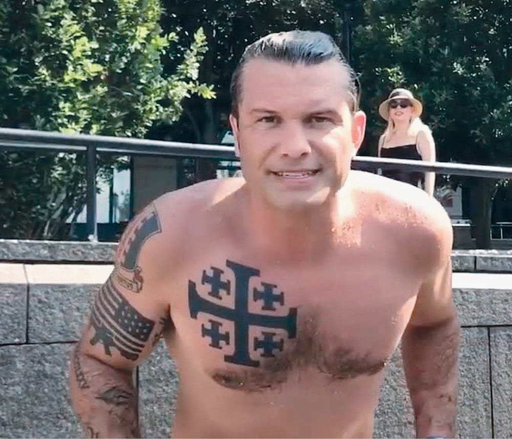 U.S. Secretary of Defense Pete Hegseth with a crusader’s Jerusalem Cross tattooed on his chest.