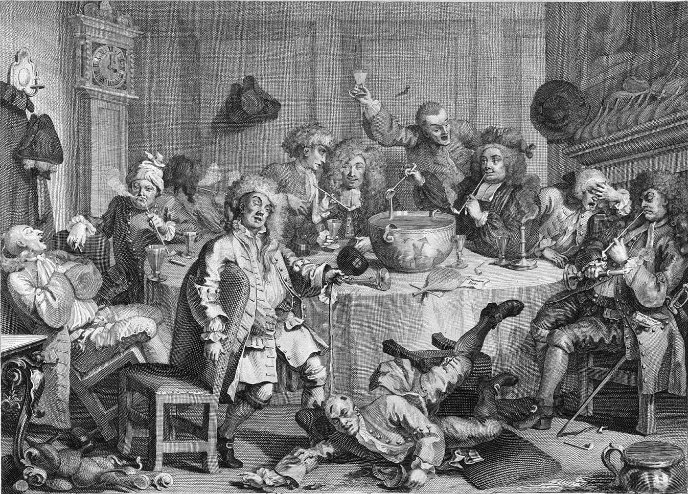 The spirit of Mandeville’s satanic “Hellfire Clubs,” portrayed in William Hogarth’s A Midnight Modern Conversation.