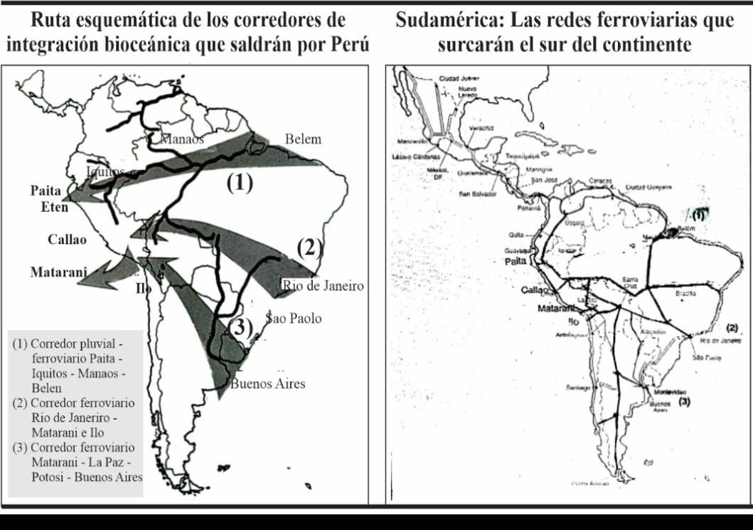 Figure 1: These maps were published in 1990 in the program of government issued by LaRouche’s associates in the Solidarity Movement of Peru. On the left: a schematic of the bioceanic corridors which from Peru would lead to Asia. On the right: a map of the rail lines which would traverse the south of the continent.