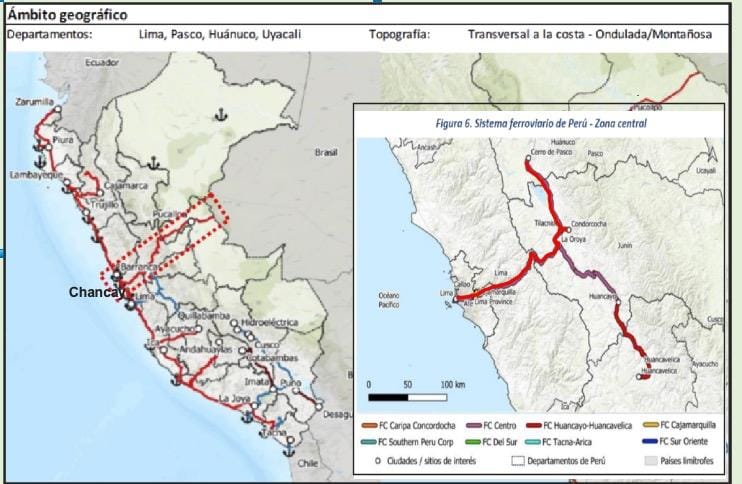 Figure 2: Peru’s Ministry of Transport and Communications presented these maps in its Master Plan for Railway Development by 2050. The map on the left is the national network; the inset box is a detail of rail plans for Peru’s central region. The red line running from Lima to La Oroya, and then north to Cerro de Pasco, is the line over the Andes now under construction by China Power Corporation .