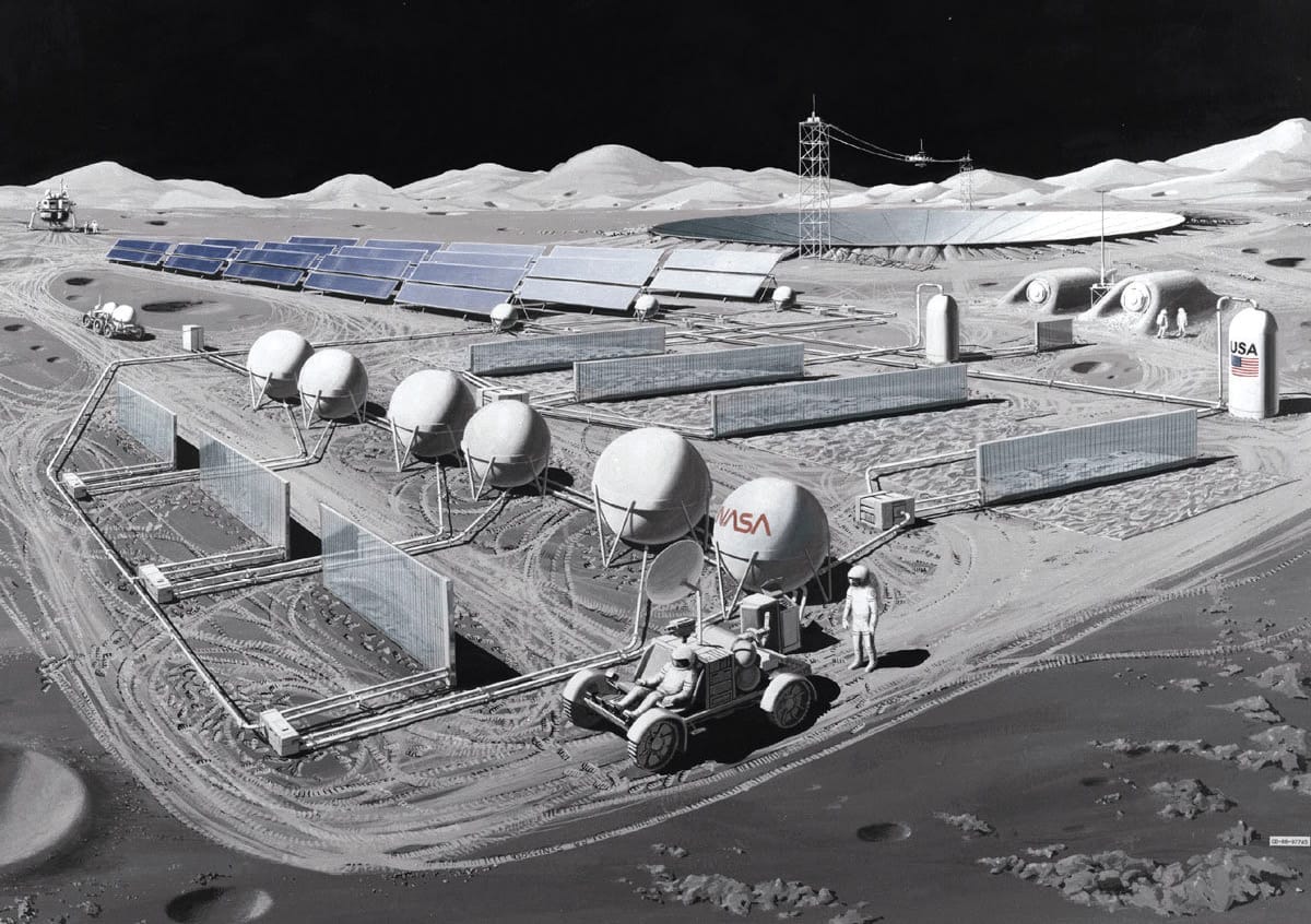 An artist’s depiction of a manned radio telescope installation, recessed in the lunar surface.