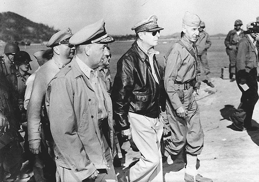 MacArthur inspecting port facilities at Inchon
