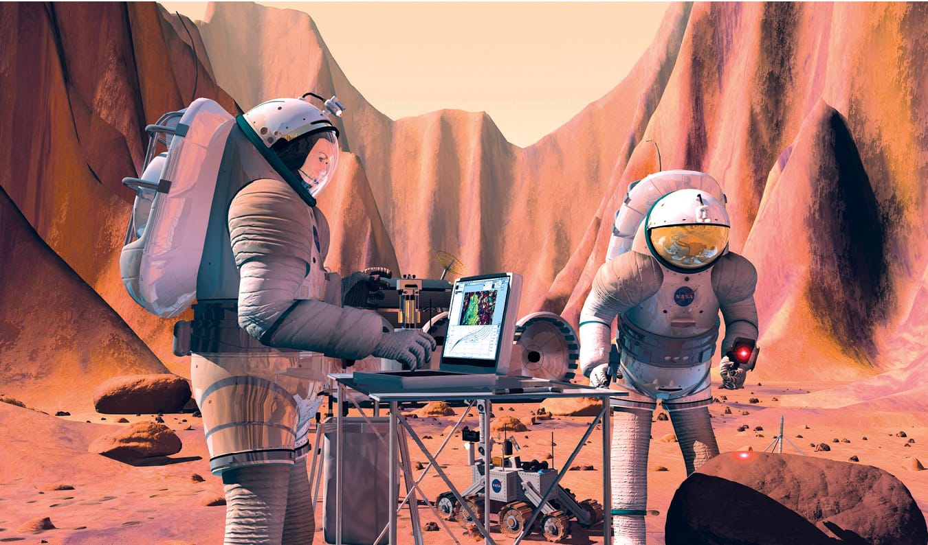 NASA scientists conducting sample analysis on Mars