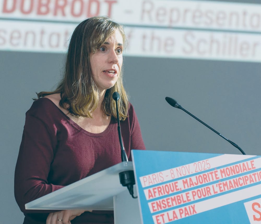 The author, Megan Dobrodt, delivers remarks to a Schiller Institute conference in Paris, Nov. 8, 2025.