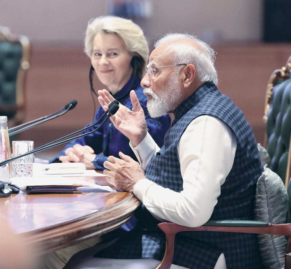 Indian Prime Minister Narendra Modi, shown here with European Commission President Ursula von der Leyen, addresses the India-EU Business Forum at the Bharat Mandapam convention center, New Delhi, Jan. 27, 2026.
