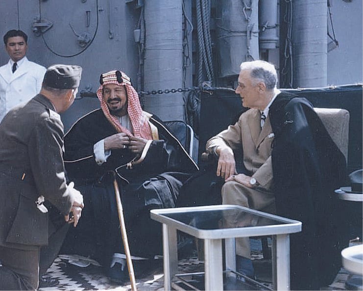 Franklin Delano Roosevelt (right, meeting Saudi Arabia's King Ibn Saud in Egypt in 1945).