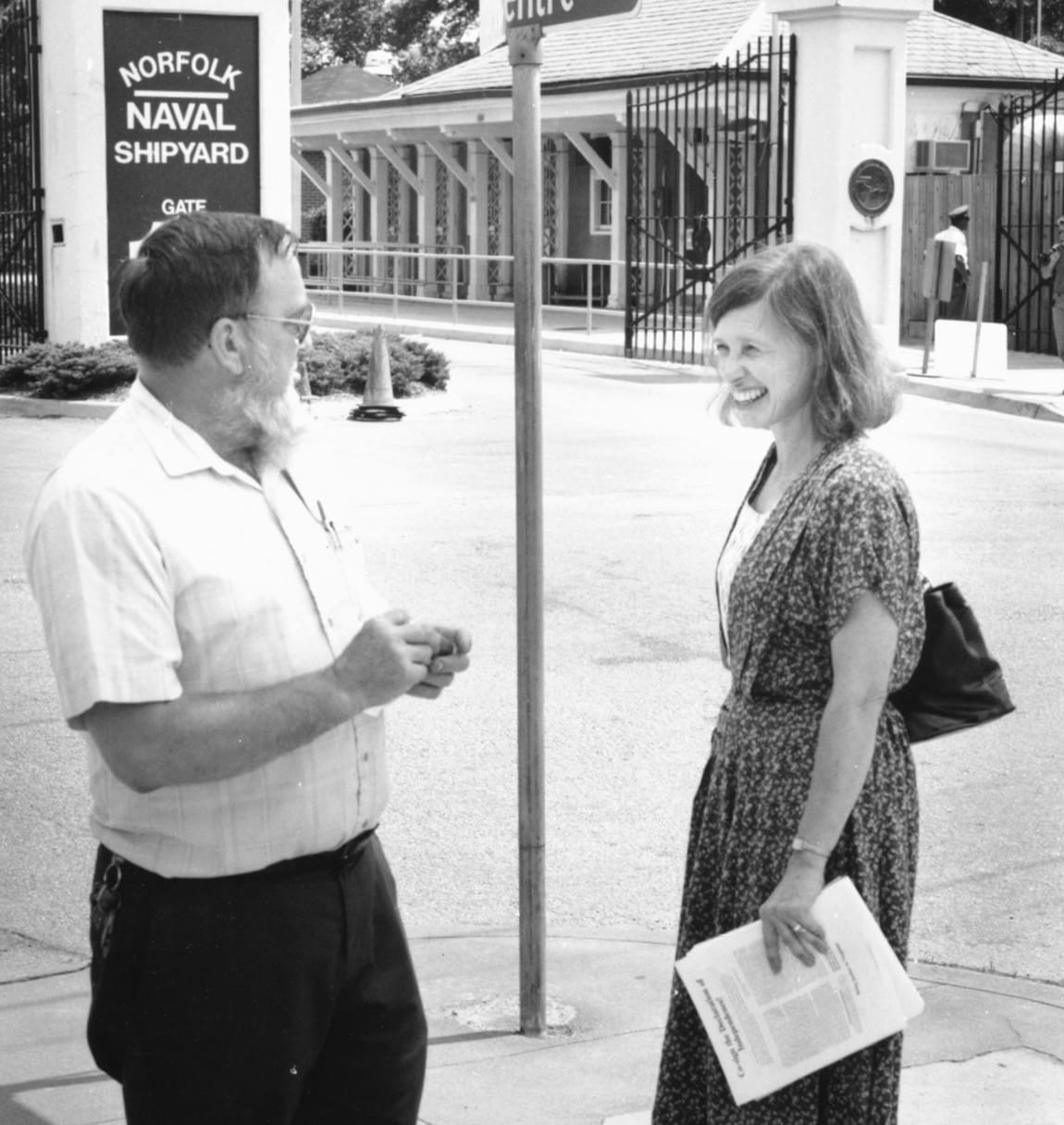 Nancy Spannaus campaigning for governor of Virginia at the Norfolk Navy Shipyard in Portsmouth, 1993.