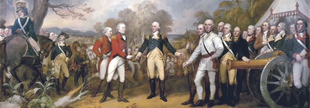 John Trumbull’s painting, The Surrender of General Burgoyne, depicts British General John Burgoyne surrendering to American General Horatio Gates at Saratoga, New York, on October 17, 1777.
