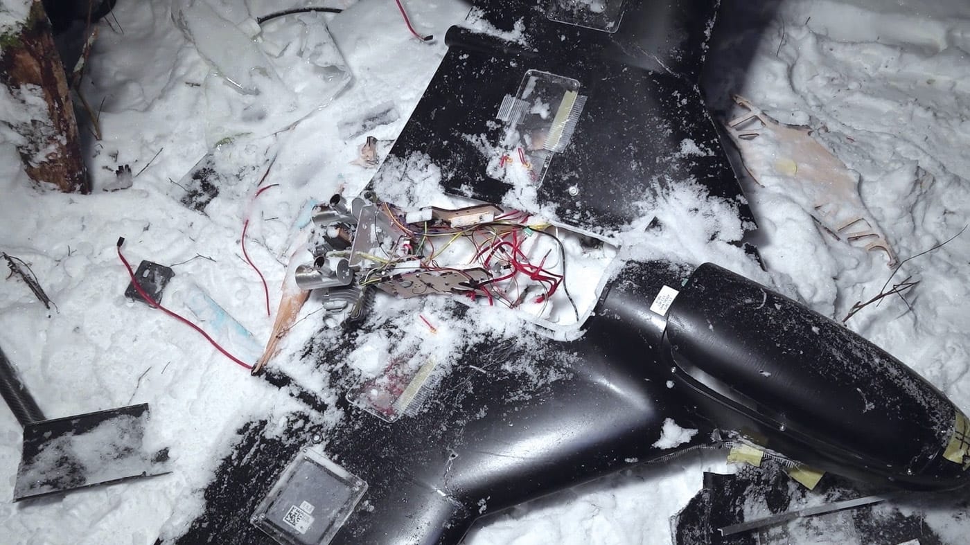 Downed Ukrainian drone from an attempted attack on the Valdai residence of Russian President Vladimir Putin, Dec. 28-29, 2025.