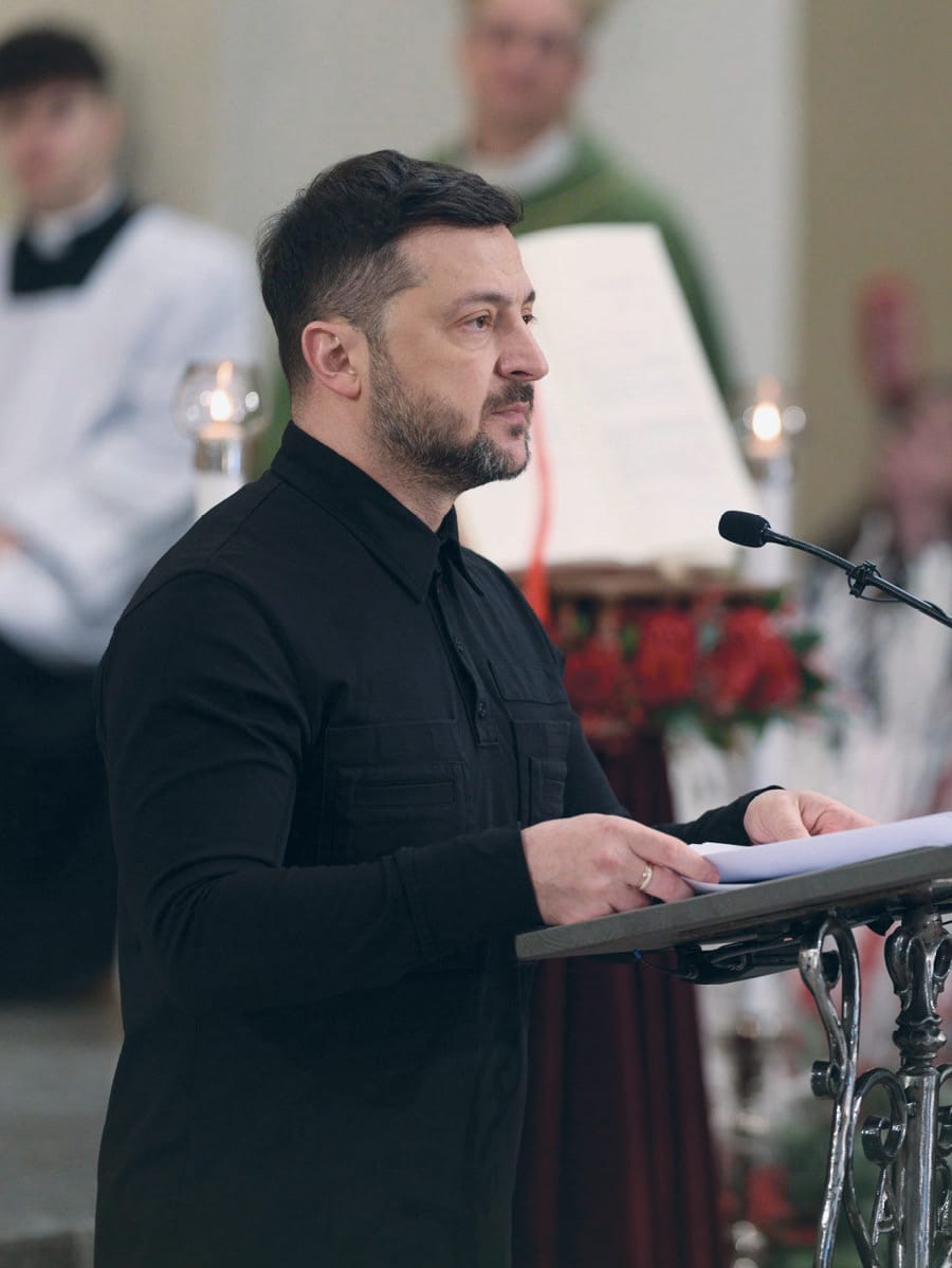 Ukrainian Acting President Volodymyr Zelensky addresses a religious ceremony at the Cathedral Basilica of St. Stanislaus and St. Ladislaus in Vilnius, Lithuania, Jan. 25, 2026.