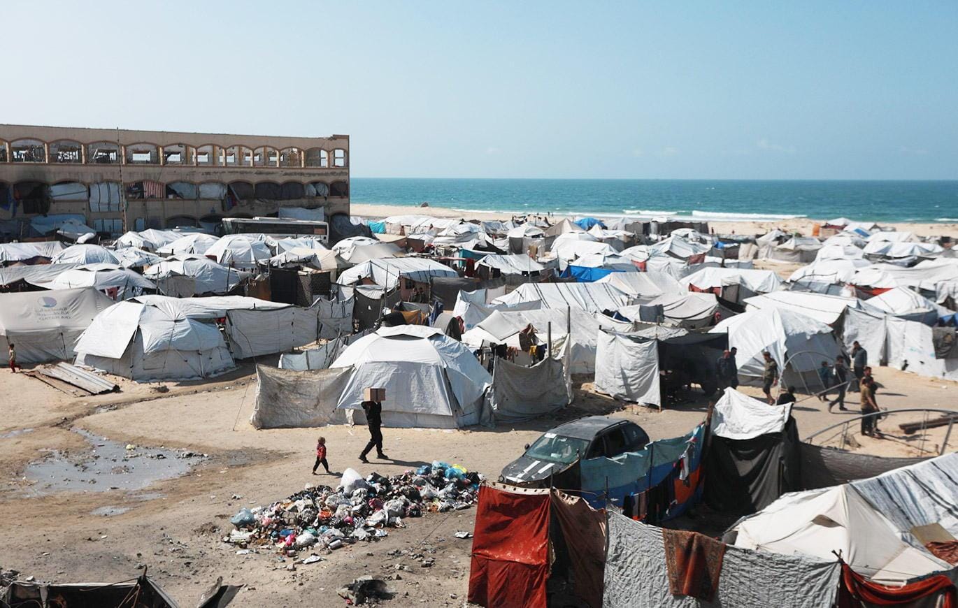 Shown here is a refugee camp in Gaza. According to the United Nations Relief and Works Agency for Palestine Refugees (UNRWA), approximately 1.9 million Palestinians, roughly 90% of the population of Gaza, are classified as internally displaced.