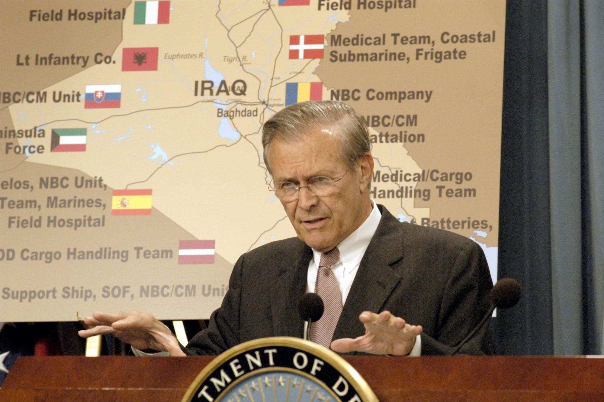 U.S. Secretary of Defense Donald H. Rumsfeld during a Pentagon press briefing on the Iraq coalition.