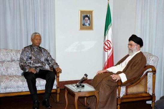 Shown here, Nelson Mandela (left) meets in Tehran, July 22, 1992, with Iran’s Supreme Leader, Ayatollah Ali Khamenei, to express his appreciation for Iran’s steadfast support of South Africa’s anti-apartheid movement. Mandela referred to Khamenei as “my leader.”