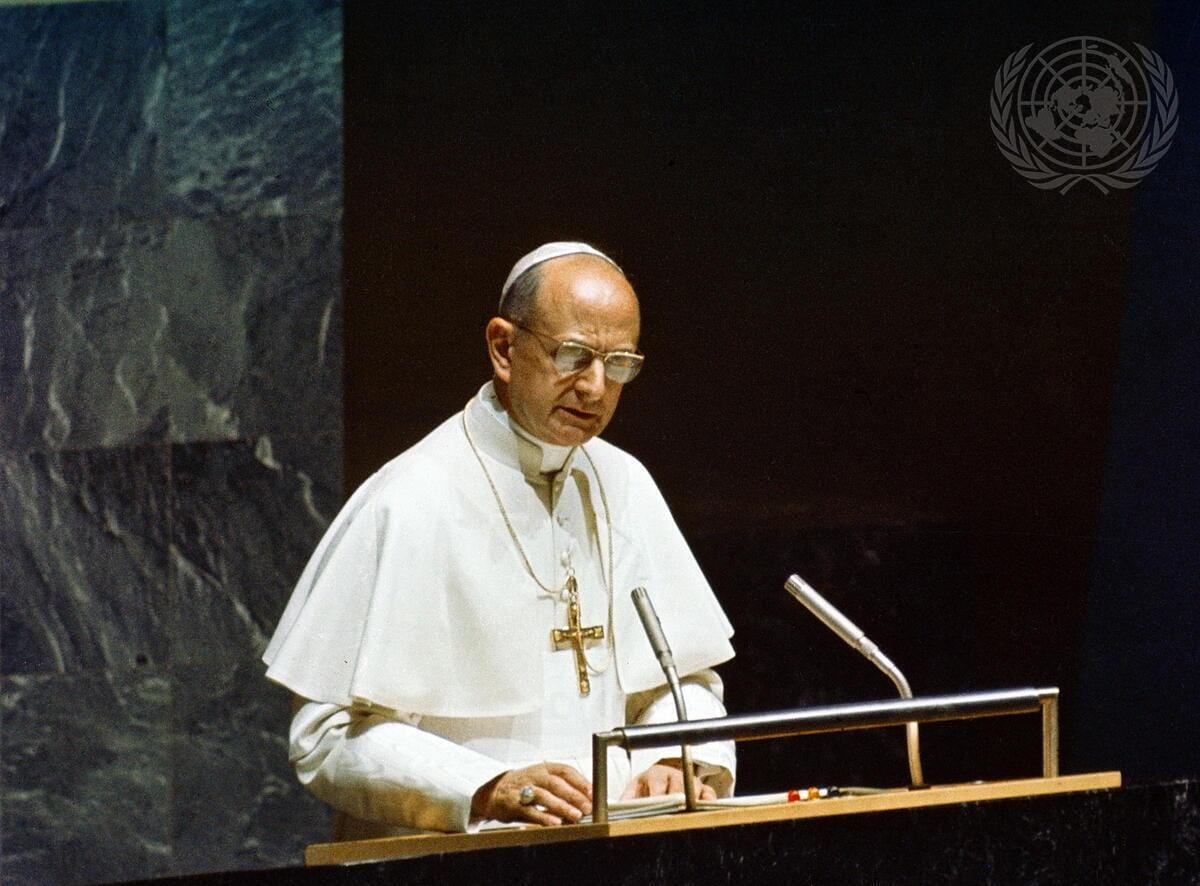 Pope Paul VI delivers his powerful address to the UN General Assembly, Oct. 4, 1965, declaring “No more war; war never again!” He was the first reigning Pope in history to address the General Assembly.