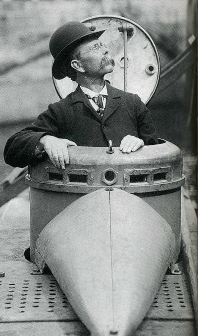 Irish immigrant John Holland was paid approximately $60,000 from the Clan na Gael “skirmishing fund” to build prototype underwater warships. The first submarine was tested in New York harbor in May 1881, and the U.S. Navy in the 1890s paid him to build the Navy’s first battle submarines. Shown here, Holland stands in the hatch of a submarine.