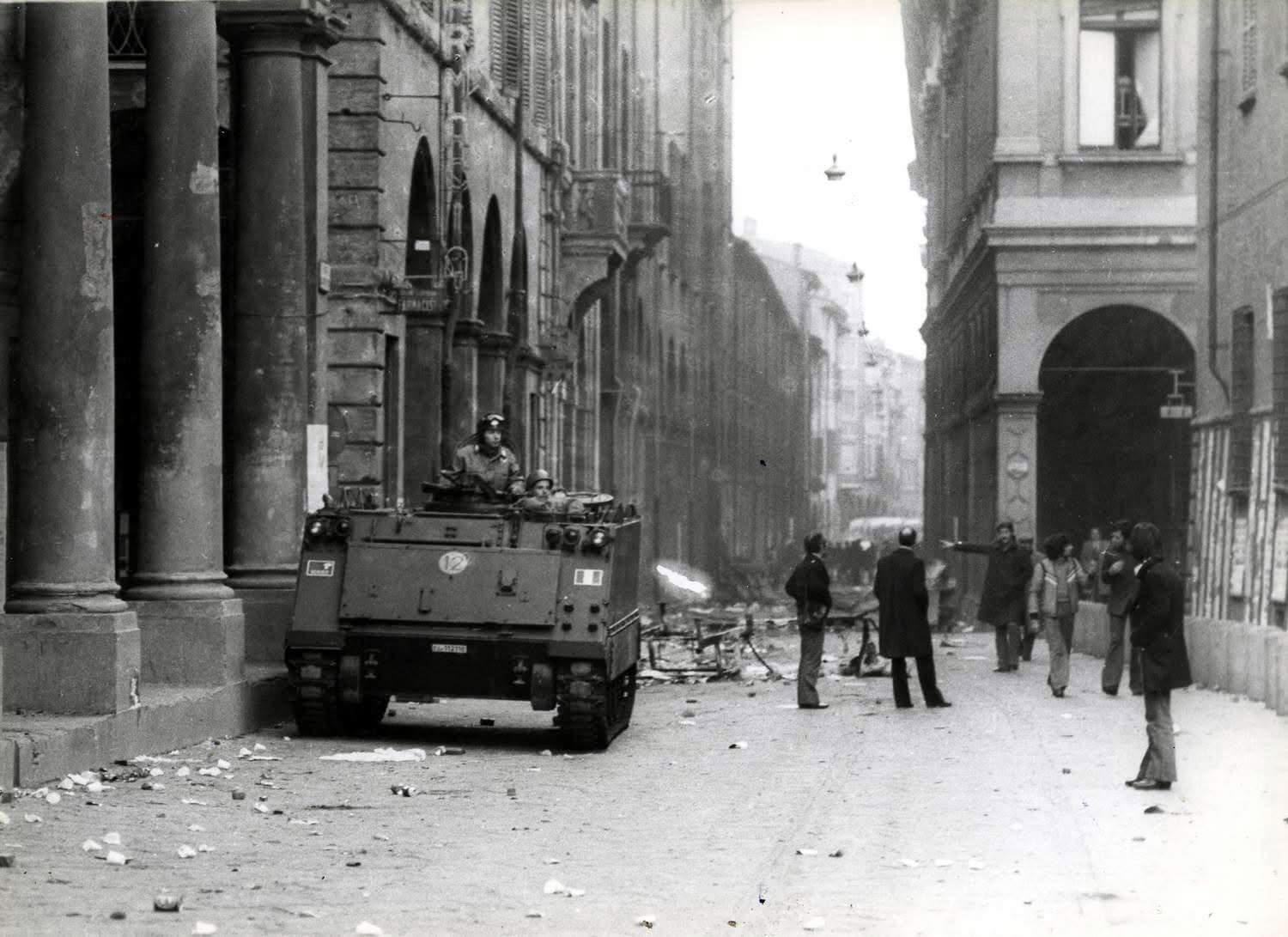 Pictured here is an armored vehicle near the University of Bologna in March 1977. As Interior Minister at the time, Francesco Cossiga ordered a brutal crackdown to crush student protests that were known as the Movement of 1977 (Movimento del ’77).
