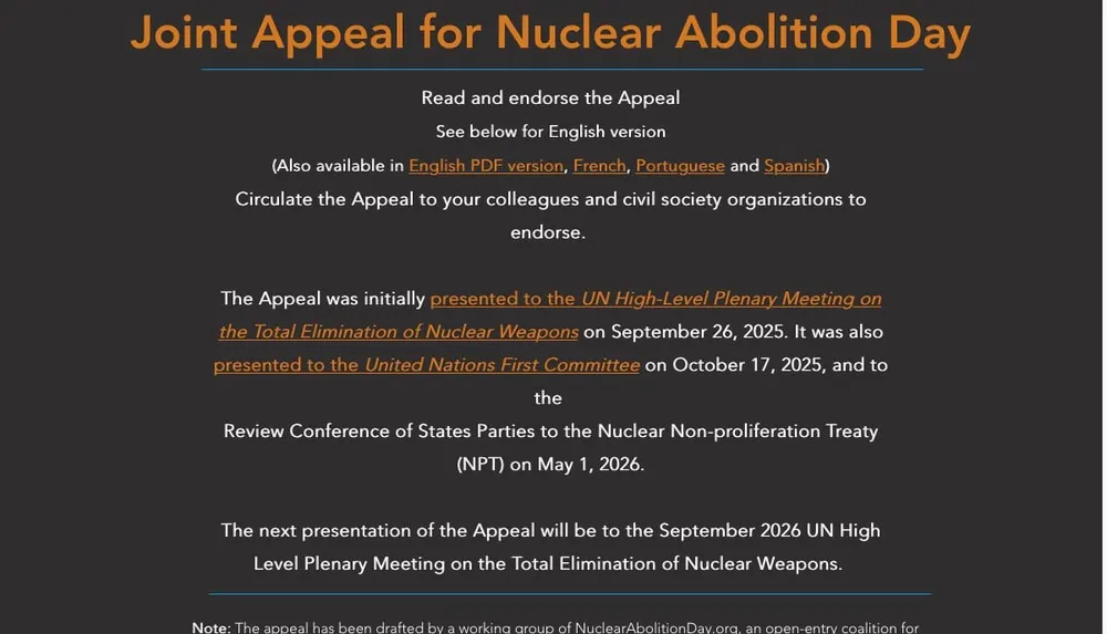 More Than 2,000 Endorse Appeal for Nuclear Abolition Day, Sept. 26