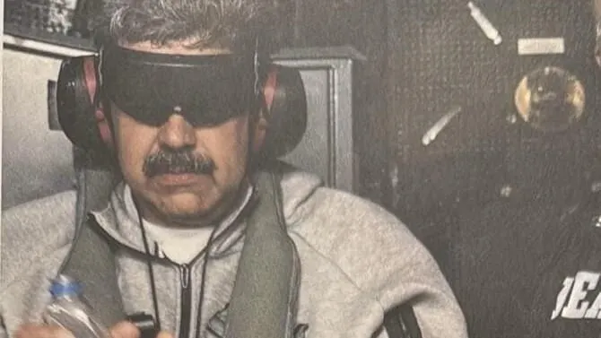Venezuelan President Nicolás Maduro on board the USS Iwo Jima following his capture.