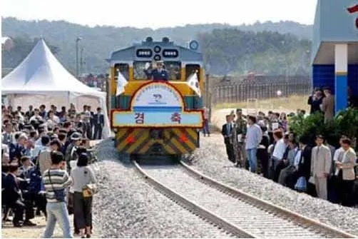 This photo shows a celebratory train during the groundbreaking ceremony to reconnect the Gyeongui and Donghae railway and road lines between North and South Korea on September 18, 2002…