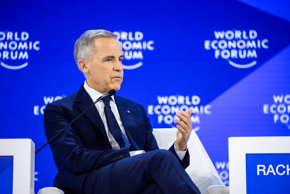 Canadian Prime Minister Mark Carney speaks at the WEF forum in Davos, Switzerland, Jan. 20, 2026. During his remarks, he urged so-called “middle powers” to form an alliance to protect…