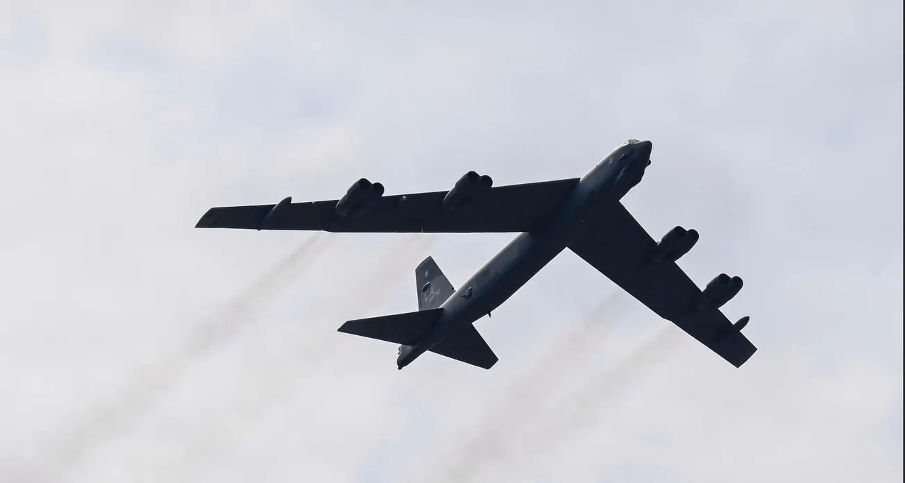 U.S. B-52 Bomber Flies with Navy Fighter Jets Over the Caribbean