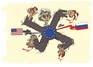 Bayonets labeled with the U.S. and Russian flags stab a hairy monster with a Swastika-shaped body, Ursula von der Leyen's face, and bloody claws.