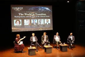 The World in Transition panel, l. to r.: Prof. Ulrike Guéerot, Professor Zhang Weiwei, Professor Glenn Diesen, Anatol Lieven and Professor Jagannath Panda.