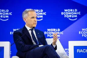 Canadian Prime Minister Mark Carney speaks at the WEF forum in Davos, Switzerland, Jan. 20, 2026. During his remarks, he urged so-called “middle powers” to form an alliance to protect…