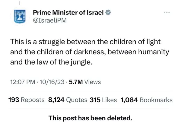 Netanyahu's Deleted X Post References 'Children of Darkness'
