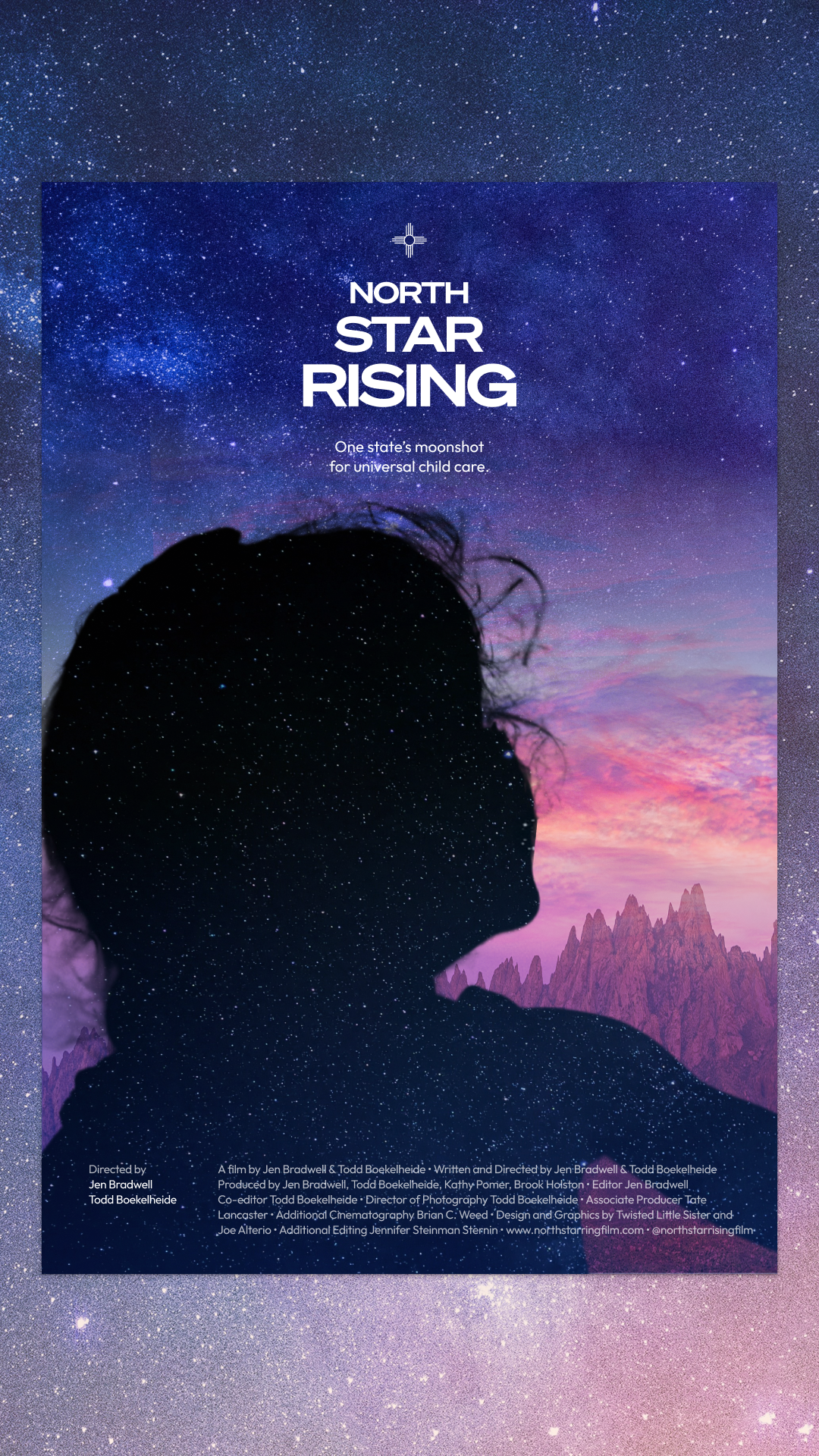 The final poster, a silhoutted of a little girl, looking up, stars masked inside of her. Behind her, the mountains of New Mexico sit in front of a stunning sunset. The stars of the desert night are at the top of the poster.