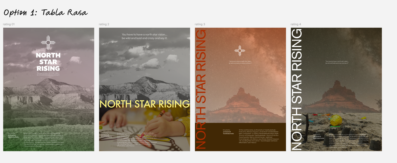 Early revisions of a poster feature desert and mountain like imagery in browns and beiges.
