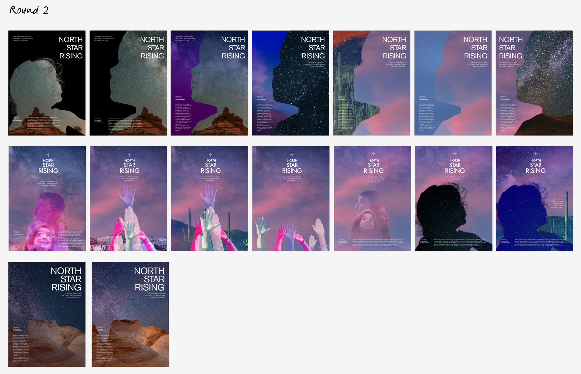 A later round of posters, feature pink, purple and blue sunsets overlayed on star layers.