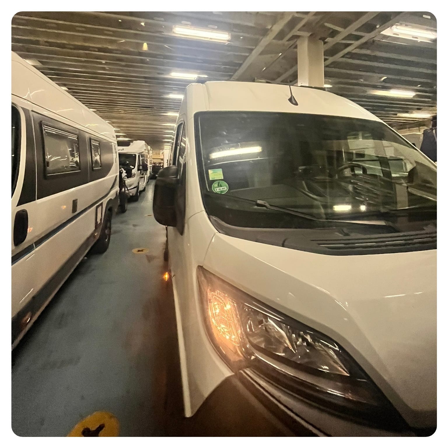 van life campervan in ferry garage for the Dover to Calais crossing