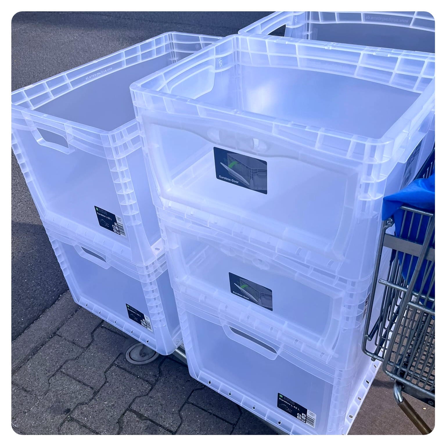 Van Life storage solution of stackable plastic boxes