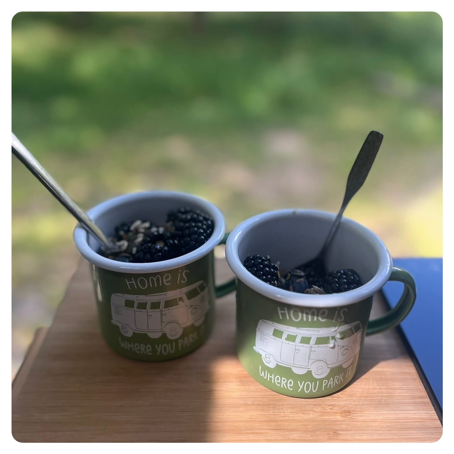 van life enamel mugs in green with camper van logo