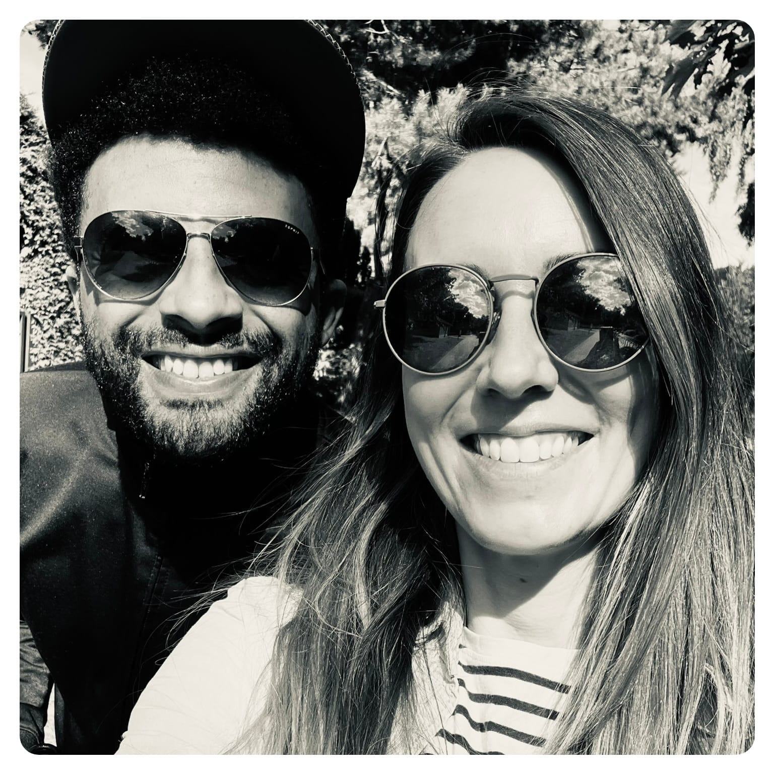 black and white selfie photo of vanlavita man and woman with sunglasses on at Usedom