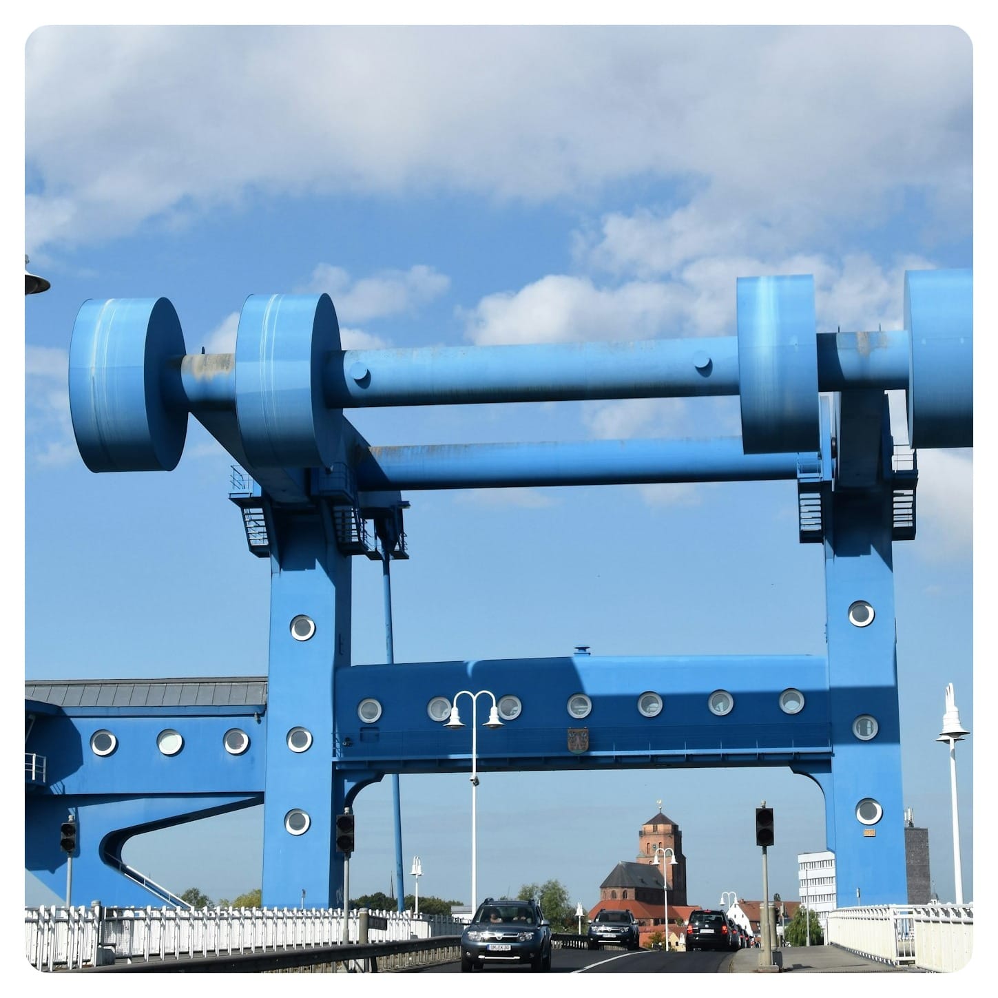 Wolgast Bridge in Usedom with blue metal structure