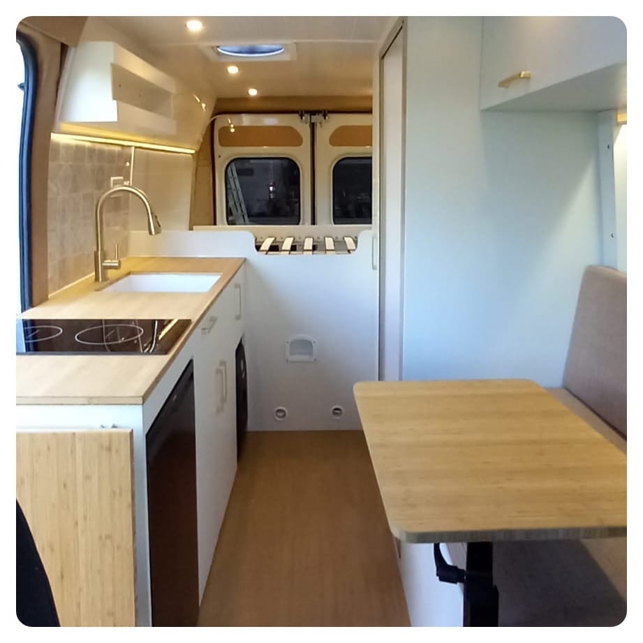 Interior of Fiat Ducato panel van converted into a camper van 