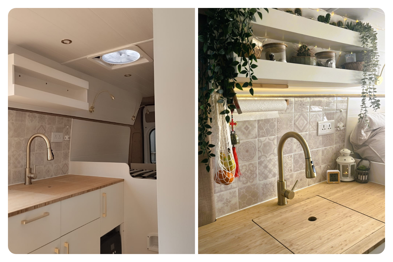 before and after photo of camper van conversion kitchen area
