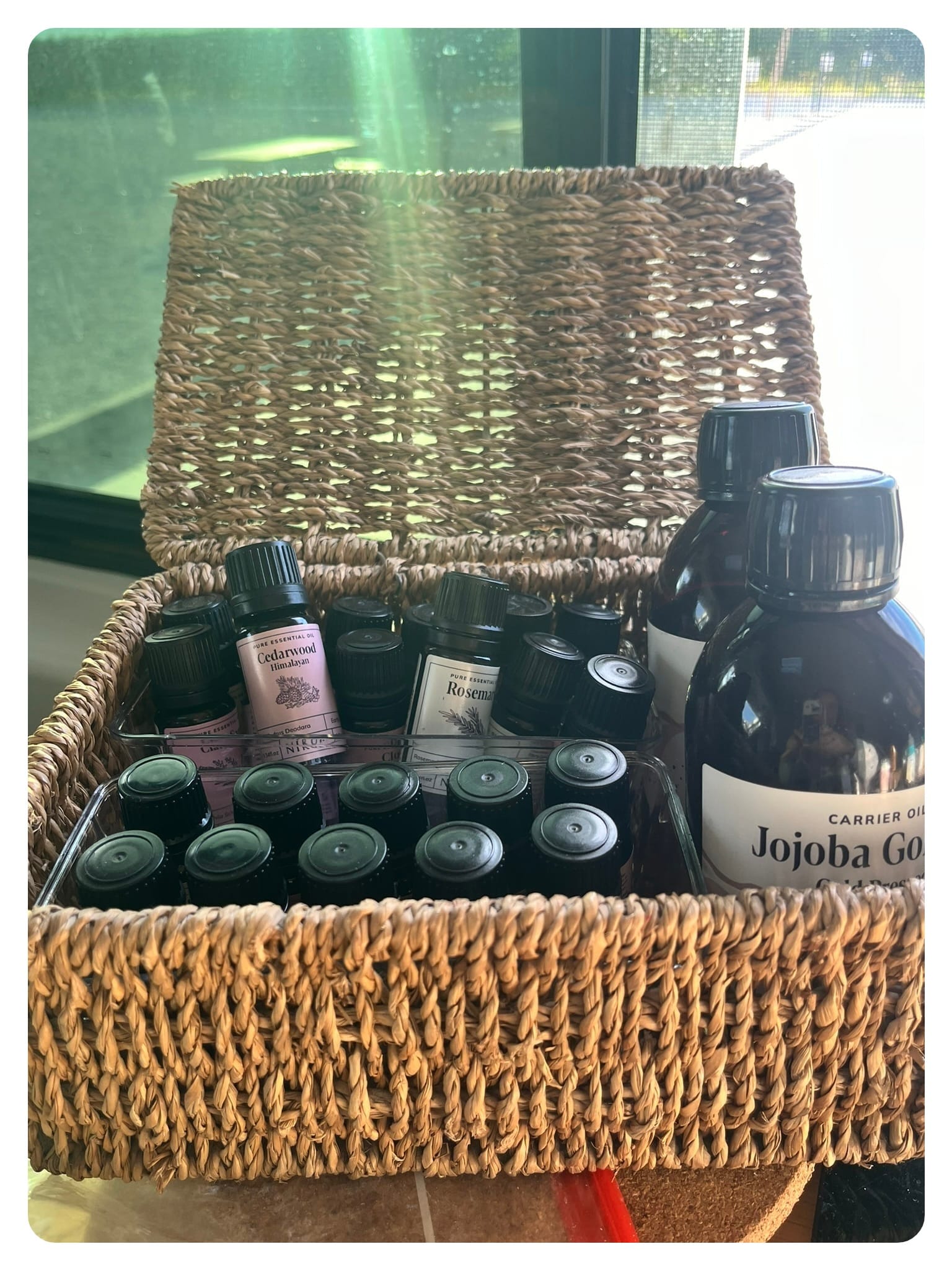 van life vanlavita basket with essential oil bottles