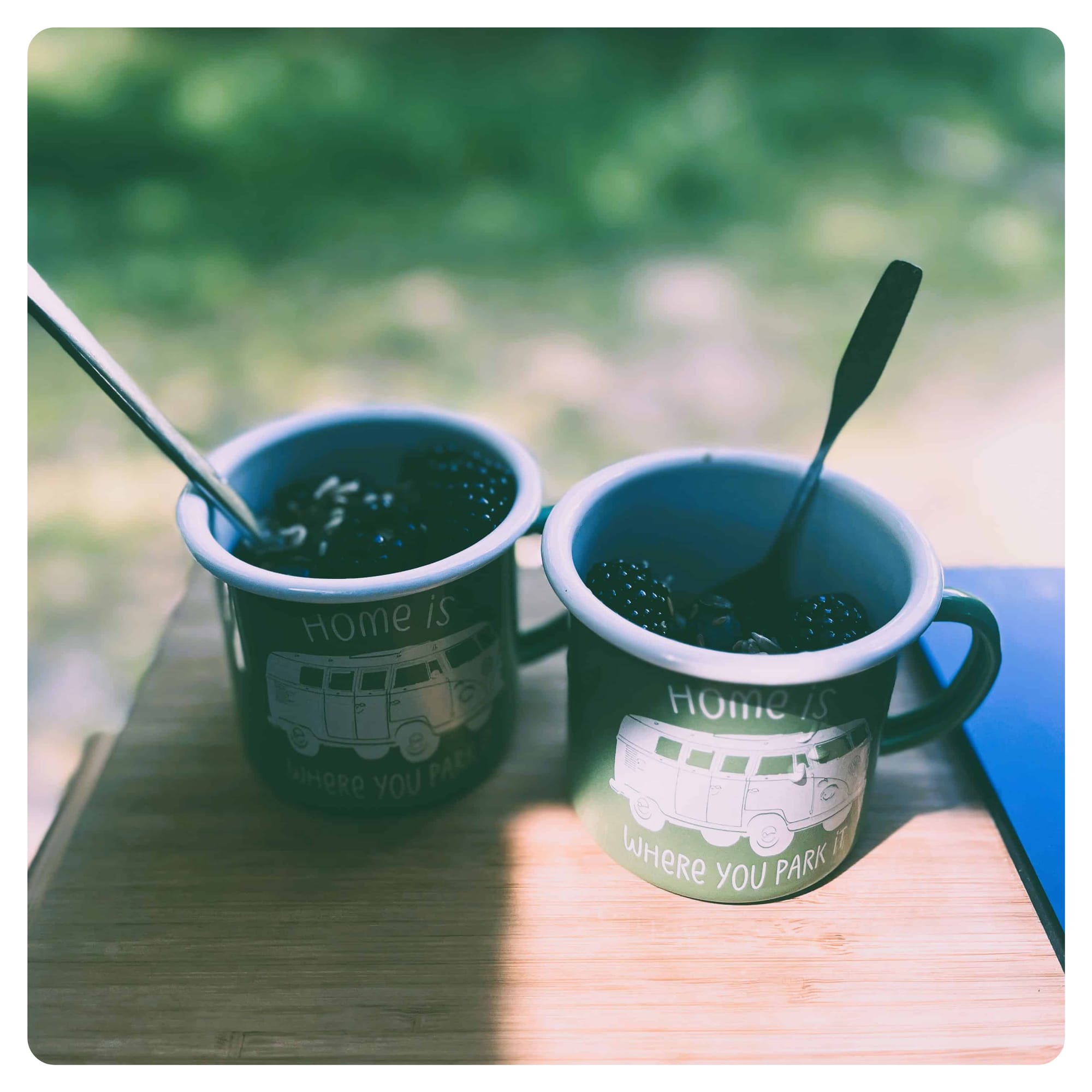 enamel green mugs with oats and berries inside