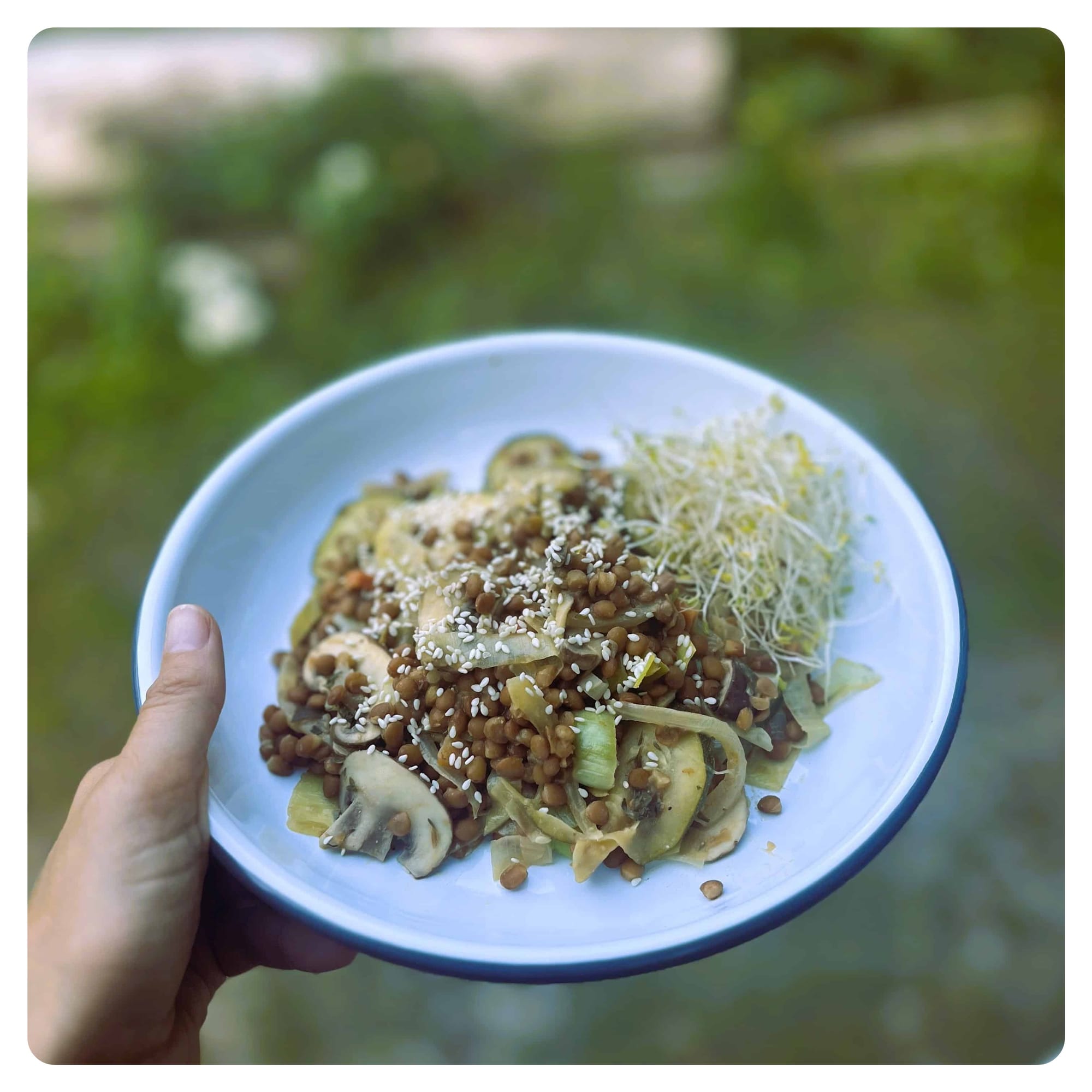 healthy lentil-based dinner served on white enamel bowl