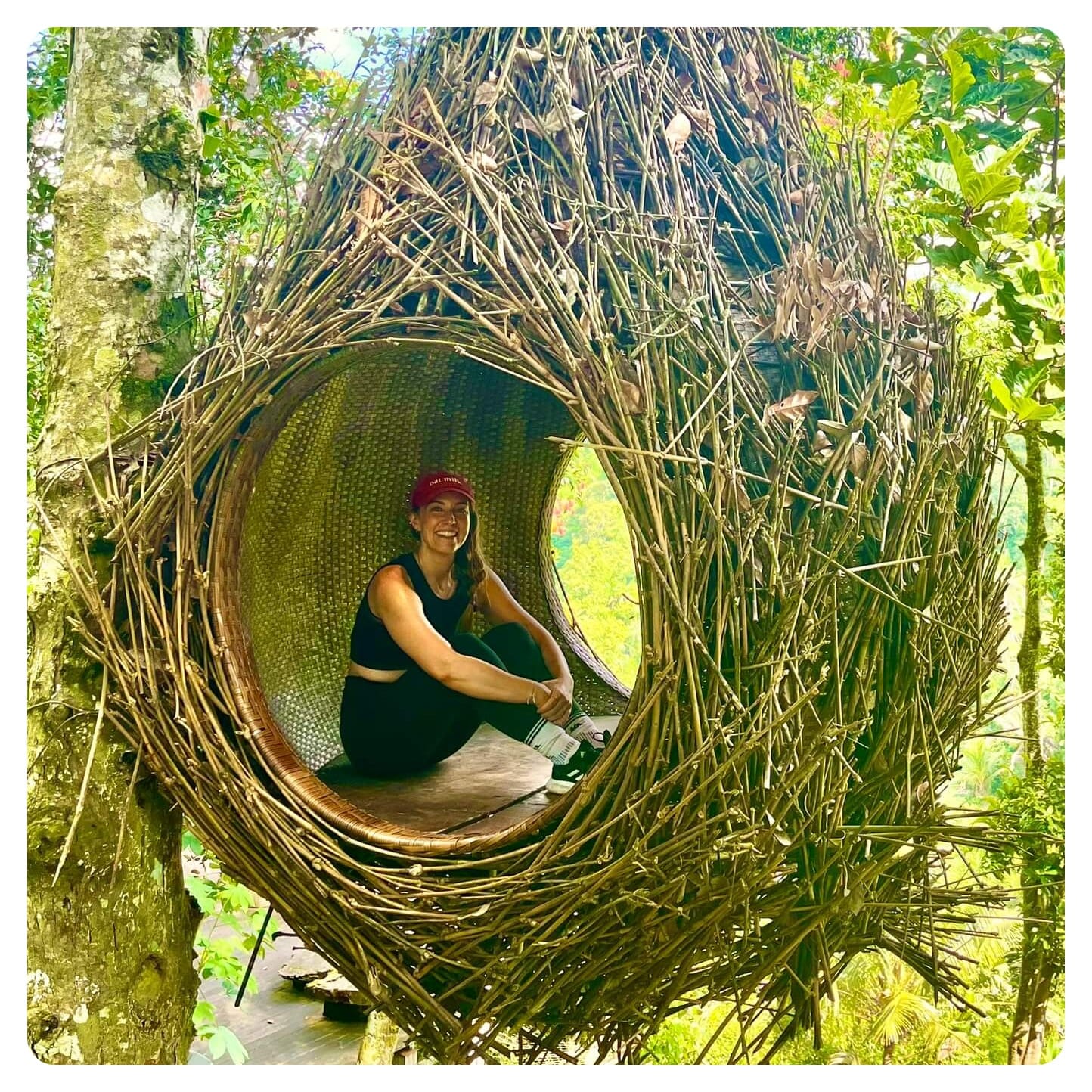 vanlavita woman sat inside a giant man mad birds nest