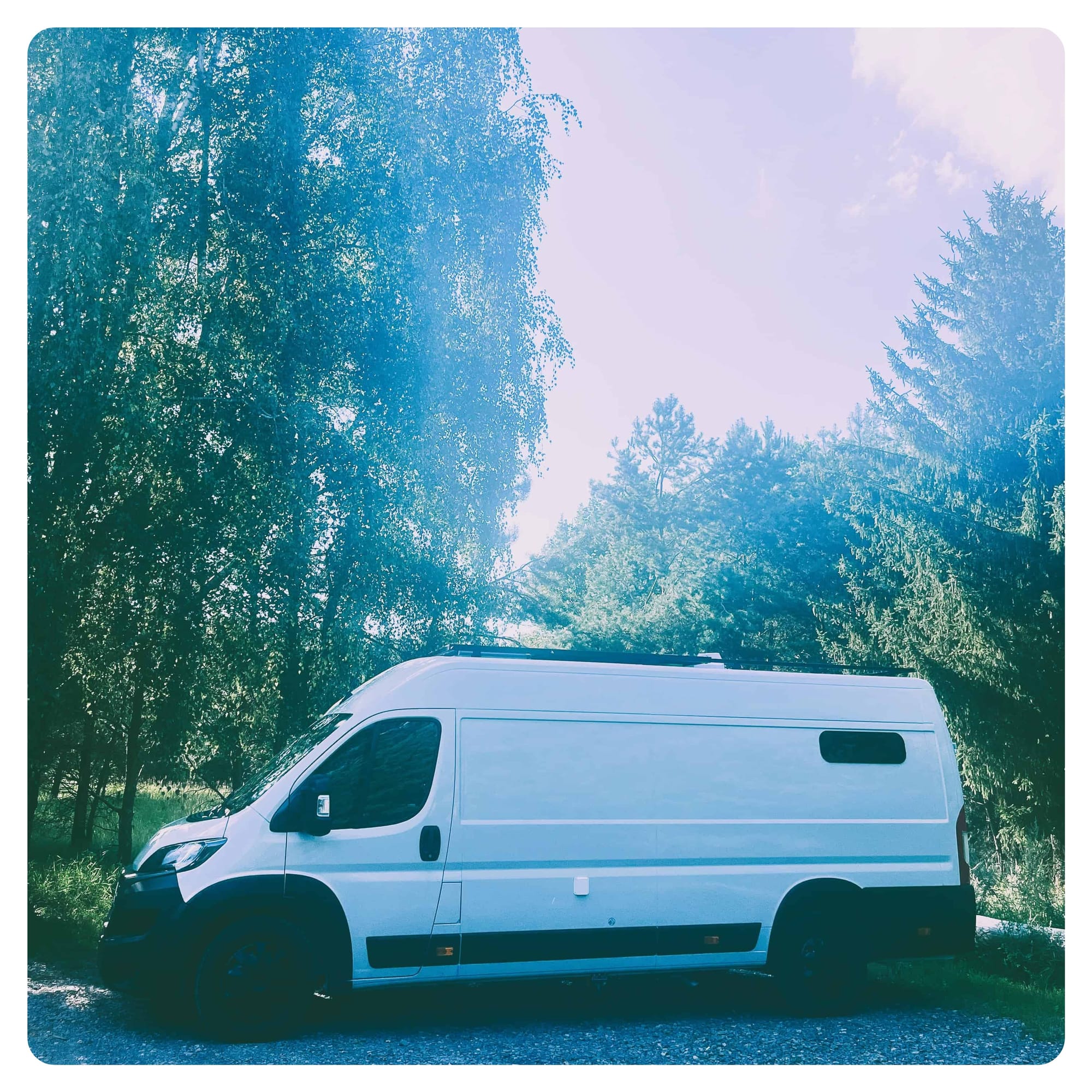 vanlavita van life white van parked at the Schonower Heide, Germany