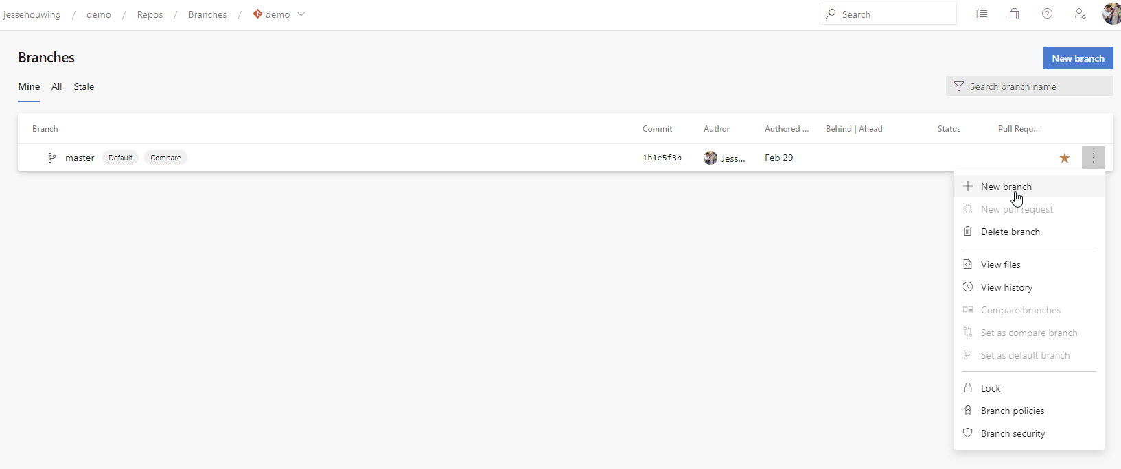 Use the context menu to create a new + new branch from master.